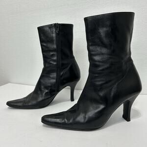Vtg David Aaron Black Leather Mid Calf Heel Boots 7B Pointy Toe